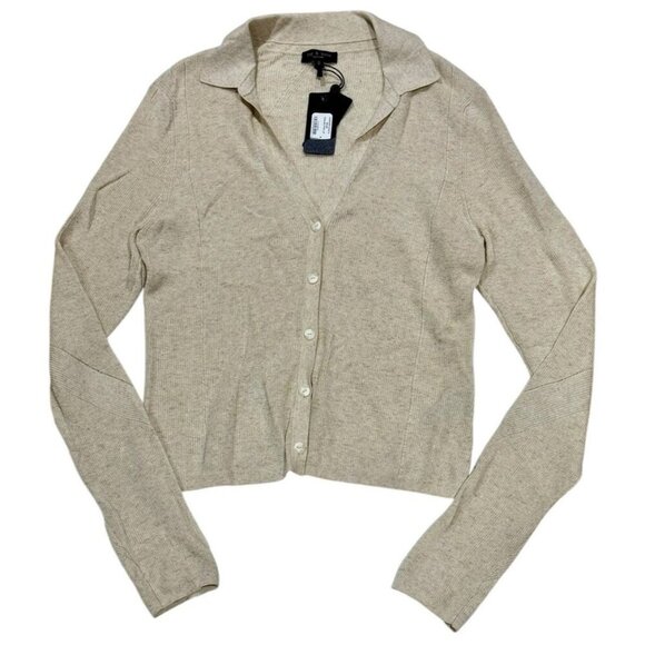 Rag & Bone Sz M Sweater Dina Button Up Light Wt Knit Spread Collar Beige classic - Picture 3 of 6